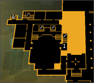 Map legend: 1 - Stairs leading to the bridge connecting both buildings - (4) Aggressive solution: Finding Nia Colvin - Rescuing Megan and Her Team - Deus Ex: Human Revolution Game Guide
