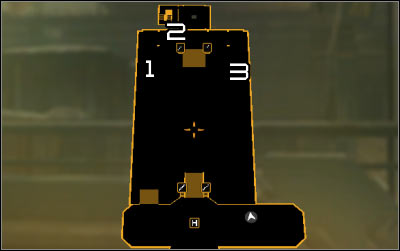 Map legend: 1 - Containers; 2 - Upper entrance to the station; 3 - Lower entrance to the station - (1) Getting inside the station - Shutting Down Darrows Signal - Deus Ex: Human Revolution Game Guide