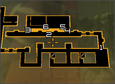 Map legend: 1 - Corridor leading to Taggarts place; 2 - Corridor with cameras and a robot; 3 - Entrance locked by crates; 4 - Entrance to the server room; 5 - Terminal in the server room; 6 - Server room exit - (6) Peaceful solution: Reaching the William Taggarts hideout - Shutting Down Darrows Signal - Deus Ex: Human Revolution Game Guide