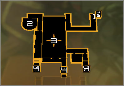 Map legend: 1 - Start place if you use an elevator; 2 - Start place if you jump into an air vent; 3 - Main room with insane civilians; 4 - Descends to level -4 - (7) Aggressive solution: Reaching the David Sarifs hideout - Shutting Down Darrows Signal - Deus Ex: Human Revolution Game Guide