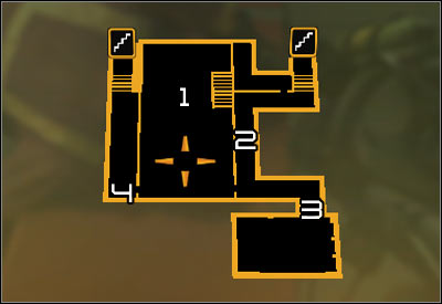 Map legend: 1 - Main room with insane civilians; 2 - Mined corridor; 3 - Door blocked by large crates; 4 - Entrance to an air vent - (7) Aggressive solution: Reaching the David Sarifs hideout - Shutting Down Darrows Signal - Deus Ex: Human Revolution Game Guide