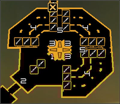 Map legend: 1 - Switch off supporting system terminal; 2 - Zhao Run Yu; 3 - Human modules; 4 - Computer terminals; 5 - Storage rooms - (9) Defeating the Hyron Project - Shutting Down Darrows Signal - Deus Ex: Human Revolution Game Guide