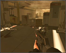 After the fight pick up the ammo from fallen enemies and go up the stairs to the upper level - (2) Defend the attack on the facility | Prologue - Prologue - Deus Ex: Human Revolution Game Guide