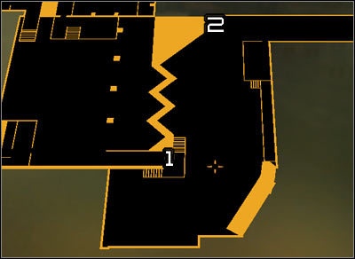 Map legend: 1 - Main entrance to the plant; 2 - A road leading on the top of containers (to the air vent) - (2) Peaceful option: Getting inside the plant - Securing Sarifs Manufacturing Plant - Deus Ex: Human Revolution Game Guide