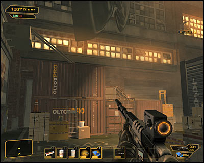 If you do not want to attack the opponents or youve already dealt with them, look for some kind of pyramid made of containers and crates, located north from the main entrance to the plant (screen above) - (2) Peaceful option: Getting inside the plant - Securing Sarifs Manufacturing Plant - Deus Ex: Human Revolution Game Guide
