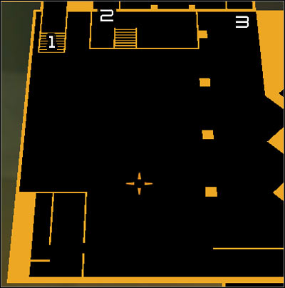 Map legend: 1 - Passage to the lobby; 2 - Door to the main corridor; 3 - Ladder leading to the air vent - (3) Peaceful option: Getting to the elevator - Securing Sarifs Manufacturing Plant - Deus Ex: Human Revolution Game Guide