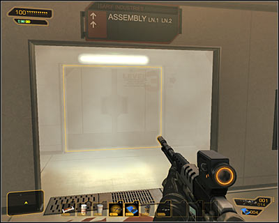 Go inside and look around the room, saving the game - (4) Getting to the assembly lab - Lab 1 - Securing Sarifs Manufacturing Plant - Deus Ex: Human Revolution Game Guide