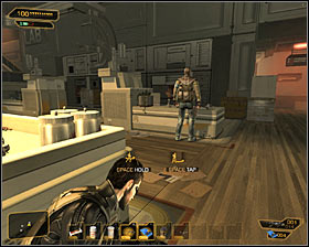 Wait for a good moment and approach a place, where first terrorists corpse lies #1 - (5) Peaceful option: Securing the assembly lab - Lab 1 - Securing Sarifs Manufacturing Plant - Deus Ex: Human Revolution Game Guide