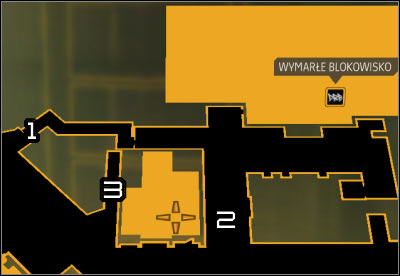Map legend: 1 - Western corridor; 2 - Main path to the gang hideout; 3 - External staircase leading to the buildings roof - (1) Aggressive option: Reaching the antenna - Stopping the Transmission - Deus Ex: Human Revolution Game Guide