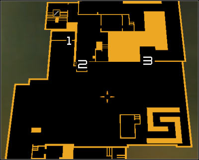 Map legend: 1 - Western gate; 2 - Main entrance door; 3 - Eastern passage - (1) Getting near the main building - Following the Clues in Highland Park - Deus Ex: Human Revolution Game Guide