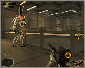 Now you should take care about guard who patrols an eastern part of balconies #1 - (3) Peaceful option: Crossing by first part of the camp - Following the Clues in Highland Park - Deus Ex: Human Revolution Game Guide