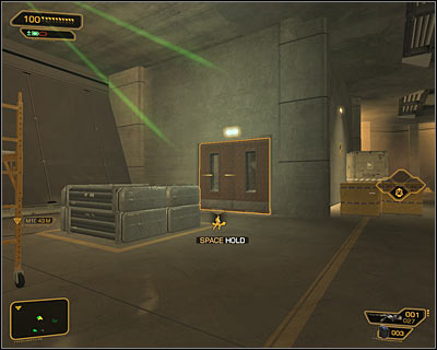 In order to get to the actual mission goal you should use the door located in south-western part of the hall (screen above) - (4) Aggressive option: Crossing by second part of the camp - Following the Clues in Highland Park - Deus Ex: Human Revolution Game Guide