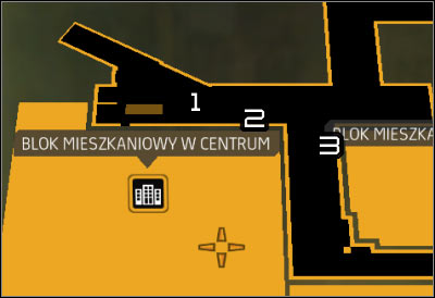 Map legend: 1 - Closed gate; 2 - Damaged staircase; 3 - Adjacent building staircase - Lesser Evils (steps 1-3) - Side quests - Deus Ex: Human Revolution Game Guide