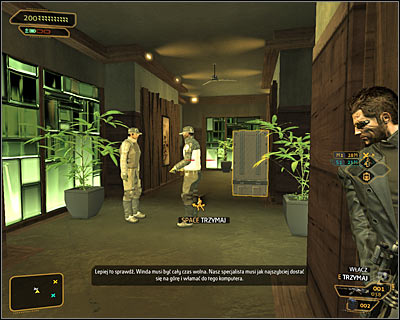 The nearby corridor is being patrolled by two guards (screen above) and the next three soldiers are stationed inside hackers apartment - (4) Entering the hackers apartment - Hunting the Hacker - Deus Ex: Human Revolution Game Guide