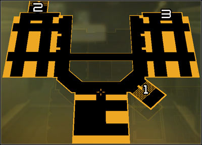 Map legend: 1 - Main staircase; 2 - Fire escape staircase; 3 - Entrance to the ventilation shaft on level three - (10) Peaceful solution: Leaving the main are of the hotel - Hunting the Hacker - Deus Ex: Human Revolution Game Guide