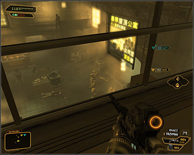 If you plan on avoiding enemy units entirely, then you will have to use camouflage often (Cloaking System augmentation) and pay even more attention to guards movements - (10) Peaceful solution: Leaving the main are of the hotel - Hunting the Hacker - Deus Ex: Human Revolution Game Guide