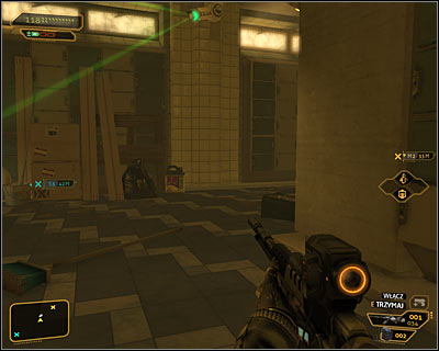 If you dont want to attack the guard in this room, then you can wait for him to go the other way and carefully move under the camera (screen above) - (11) Travelling through the locker room area - Hunting the Hacker - Deus Ex: Human Revolution Game Guide