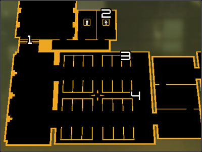 Map legend: 1 - Main passageway; 2 - Entrance to the vents; 3 - Exit from the vents; 4 - Computer terminal which controls the security turret - (11) Travelling through the locker room area - Hunting the Hacker - Deus Ex: Human Revolution Game Guide
