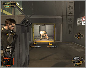 Start attacking enemy guards when youre ready #1, however you shouldnt also forget about the robot #2 which will join the battle sooner or later - (4) Aggressive solution: Travelling through the cryo-sterilization room - Searching for Proof - Deus Ex: Human Revolution Game Guide