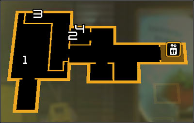 Map legend: 1 - Area where Jensen needs to start climbing; 2 - Electric current switch; 3 - Entrance to the shaft; 4 - Exit from the shaft - (6) Reaching the second elevator - Searching for Proof - Deus Ex: Human Revolution Game Guide