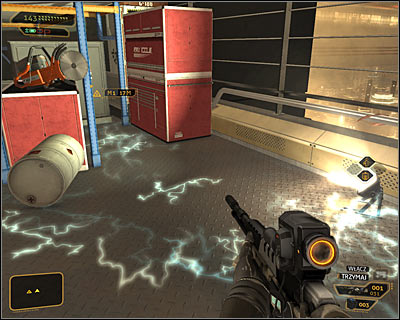 The biggest problem in this room are the discharges mentioned several times before, because they block access to upper shelves, preventing Jensen from reaching the balconies - (6) Reaching the second elevator - Searching for Proof - Deus Ex: Human Revolution Game Guide