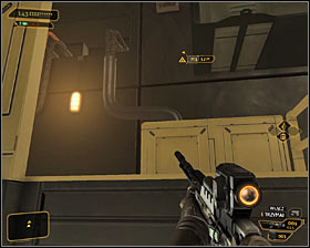 Use the newly unlocked passageway, turn around and make a jump towards an upper shelf #1 - (6) Reaching the second elevator - Searching for Proof - Deus Ex: Human Revolution Game Guide