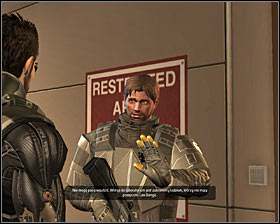 If you already have the access card (it can be found next to the dead scientist in Step 6), then you can approach the eastern checkpoint right away #1 - (7) Peaceful solution: Travelling through the laboratories - Searching for Proof - Deus Ex: Human Revolution Game Guide