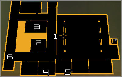 Map legend: 1 - Main entrance to the laboratory; 2 - Vent in the southern storage area; 3 - Access card; 4 - Entrance to the shaft; 5 - Exit from the shaft; 6 - Upper balcony - (7) Aggressive solution: Travelling through the laboratories - Searching for Proof - Deus Ex: Human Revolution Game Guide
