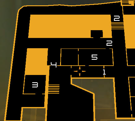 Map legend: 1 - Main entrance guarded by a soldier; 2 - Laser beams; 3 - Southern storage area (vent and a destroyable wall); 4 - Door leading to the laser room; 5 - Guard post - (8) Aggressive solution: Reaching the Data Core - Searching for Proof - Deus Ex: Human Revolution Game Guide