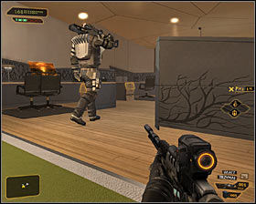 The first guard to go should be the one patrolling the eastern section of the office #1 - (1) Peaceful solution: Going through the offices - Entering the Dragons Lair - Deus Ex: Human Revolution Game Guide