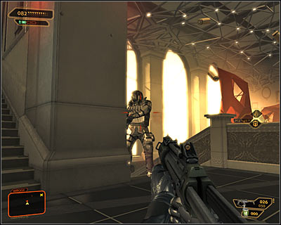 Get rid of the closest enemy units and then take cover near to the stairs leading to the main hall of the penthouse (screen above) - (4) Aggressive solution: Leaving the penthouse - Entering the Dragons Lair - Deus Ex: Human Revolution Game Guide