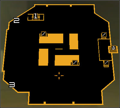 Map legend: 1 - Stairs leading to upper balconies; 2 - Northern control room; 3 - Southern control room - (5) Aggressive solution: Opening the hangar door - Entering the Dragons Lair - Deus Ex: Human Revolution Game Guide
