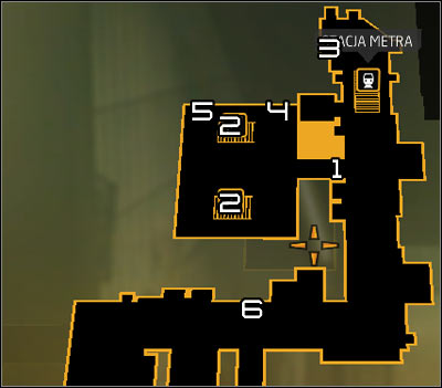 Map legend: 1 - Main passageway guarded by Belltower units; 2 - Stairs leading to the entrance to the building; 3 - Entrance to the first shaft; 4 - Exit from the first shaft; 5 - Entrance to the second shaft; 6 - Scaffolding leading to alternative paths to the building - Bar Tab (steps 5-7) - Side quests - Deus Ex: Human Revolution Game Guide