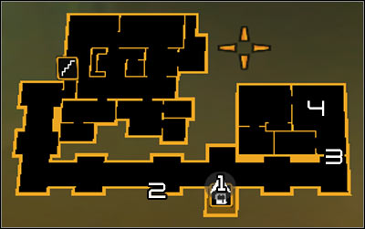 Map legend: 1 - Exit from the elevator; 2 - Exit from the shaft; 3 - Main entrance to Jayas apartment; 4 - Jaya - Bar Tab (steps 5-7) - Side quests - Deus Ex: Human Revolution Game Guide