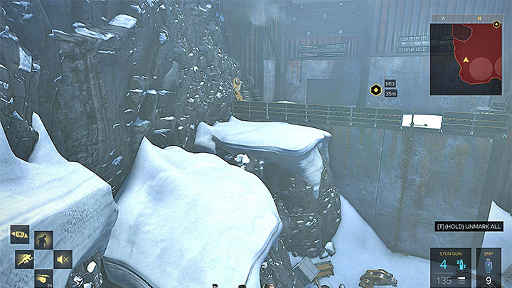 You can either jump across the snowy ledges or bring down a ladder. - G.A.R.M. - main quest - G.A.R.M. Facility | Quests and maps - Deus Ex: Mankind Divided Game Guide