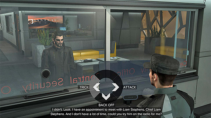 Dont attack the guard, ask him for a meeting with Slater, which will make him leave the room - Securing the Convention Centre - main quest - Apex Convention Centre | Quests and maps - Deus Ex: Mankind Divided Game Guide