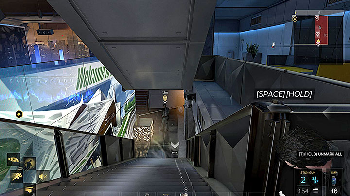 Ascend the staircase and wait until the guard walks up - Securing the Convention Centre - main quest - Apex Convention Centre | Quests and maps - Deus Ex: Mankind Divided Game Guide