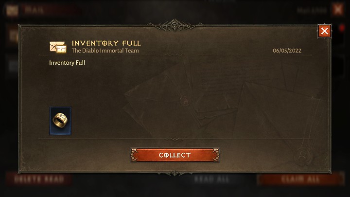 When you claim a reward for completing a story or side quest in Diablo Immortal, or even accept a reward for Battle Pass progress or other activity, any items that do not fit in your inventory will be sent to your in-box by mail where you can pick them up at any time - Diablo Immortal: Full inventory - where are the items? - Character development and items - Diablo Immortal Guide