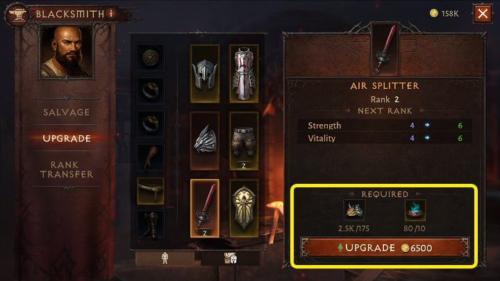 The ranks of items in Diablo Immortal can be raised at the blacksmith, but you will need gold and certain materials for this - Diablo Immortal: Items - how to upgrade? - Character development and items - Diablo Immortal Guide