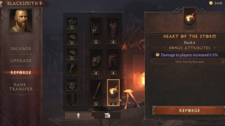 By using Reforge Stones (you can buy them from the Hilt Merchant or earn them for reaching specific ranks in the Battleground), you can change the attribute of a specific gear - Diablo Immortal: Crafting and upgrading equipment - Crafting and equipping - Diablo Immortal Guide