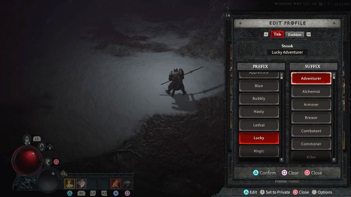 Press the Edit button (Triangle/Y on gamepad) Two columns will appear - Diablo 4: How to change Player Title? - Diablo 4: Character - Diablo 4 Guide