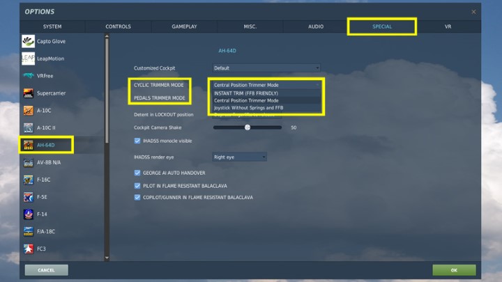 Available options for CYCLIC TRIMMER MODE and PEDALS TRIMMER MODE - DCS AH-64D Apache: How to fly helicopter? - Basics - DCS AH-64 Apache Guide