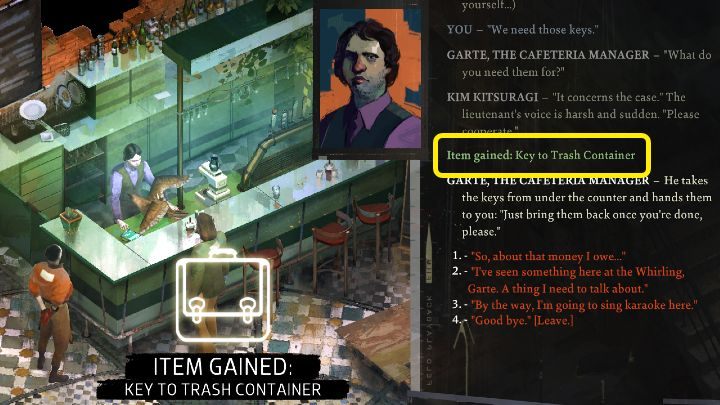 Getting the key is the easiest way to open the container behind the Whirling-In-Rags building - Disco Elysium: Open trash container - walkthrough - Body identification - Disco Elysium Guide