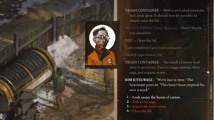 In the container you will find old clothes of the hanged man and two other items - Disco Elysium: Open trash container - walkthrough - Body identification - Disco Elysium Guide