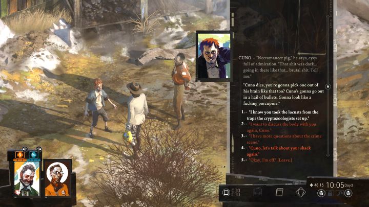 Go back to the yard and only now talk to Cuno about the insects - Disco Elysium: The Missing Insects Case - walkthrough - Cryptozoologists - Disco Elysium Guide
