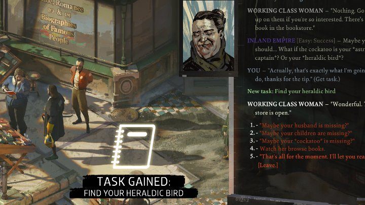 You will receive the task from a working-class woman who stands in front of the bookstore building - you need to talk to her and exhaust all dialogue options - Disco Elysium: Find your heraldic bird - walkthrough - Identity - Disco Elysium Guide