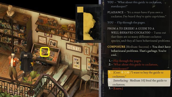 After entering the bookstore, head to the upper floor and interact with the book marked in the picture above - Disco Elysium: Find your heraldic bird - walkthrough - Identity - Disco Elysium Guide