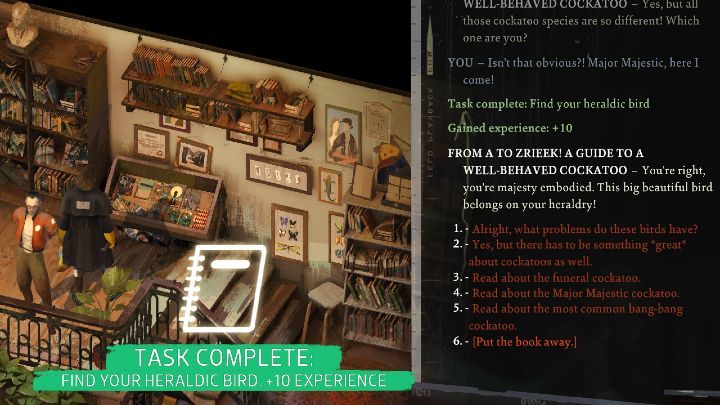 Go to the character inventory and interact with the book, then read it and determine what kind of cockatoo genre Harry fits best - Disco Elysium: Find your heraldic bird - walkthrough - Identity - Disco Elysium Guide