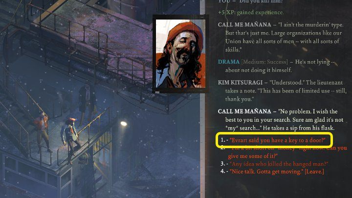 Find the Call Me Manana NPC and ask him for the key to the apartment - Disco Elysium: Open apartment door for Evrart - walkthrough - Evrart Tasks - Disco Elysium Guide