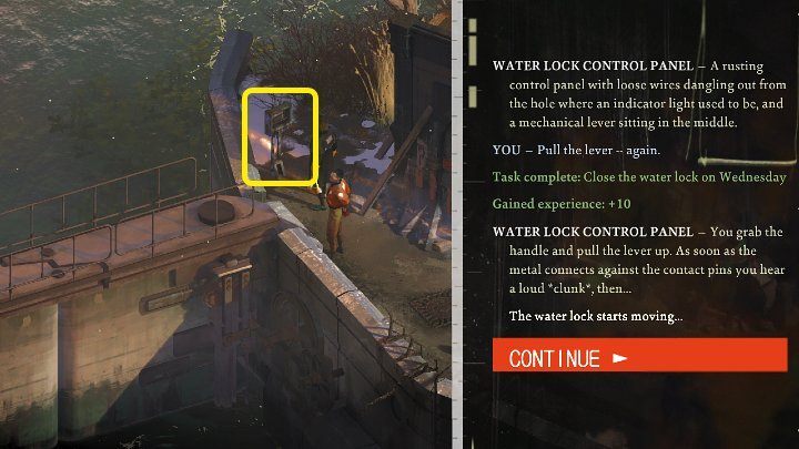 The task is very simple - wait until the third day, then interact with the control panel at the water lock and pull the lever - Disco Elysium: Close the water lock on Wednesday - walkthrough - Other - Disco Elysium Guide